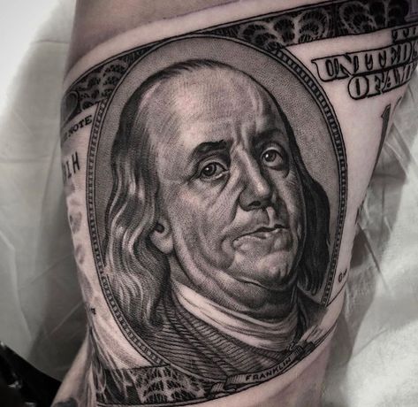 100 Dollar Bill Tattoo Designs, Dollar Bill Tattoo, 100 Dollar Bill Tattoo, Bill Tattoo, Bishop Tattoo, Couple Wrist Tattoos, Southampton Uk, Tattoo Pieces, Dollar Tattoo