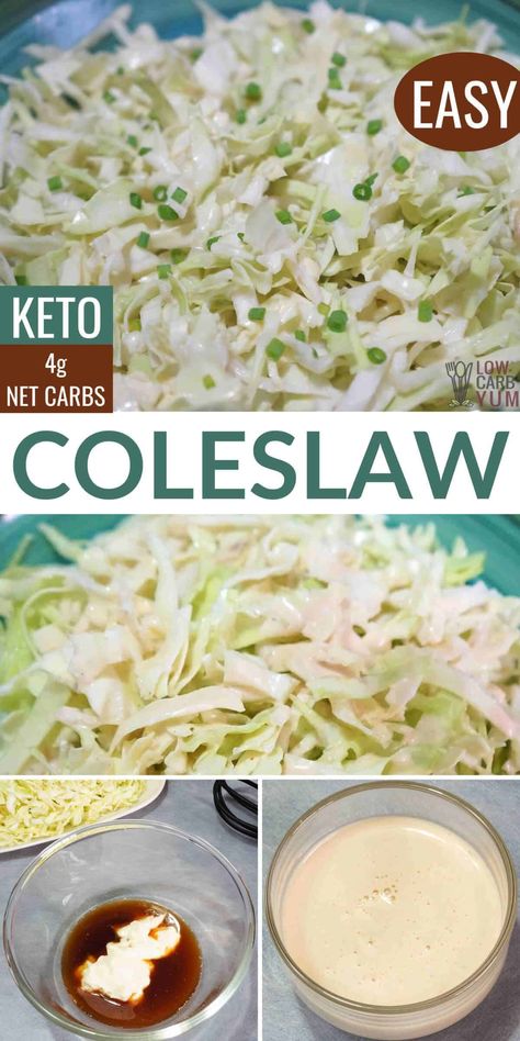 Only 5 ingredients and about five minutes are needed to make keto coleslaw. It's a salad with creamy, low-carb dressing over shredded cabbage. Keto Coleslaw Recipe, Keto Cole Slaw, Low Carb Coleslaw, Low Carb Dressing, Keto Coleslaw, Easy Coleslaw, Coleslaw Recipe Easy, Keto Salads, Shredded Cabbage