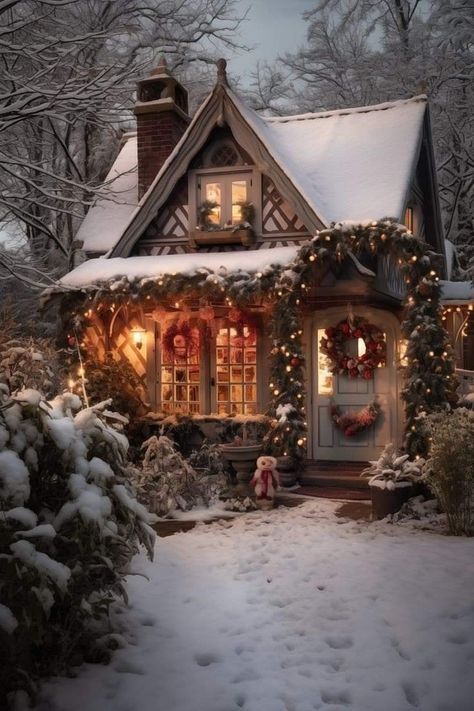 Small Christmas Cottage Exterior, Cozy Winter House Exterior, Cozy Winter Cottage Aesthetic, Winter Cottage Exterior, Christmas Cottage Aesthetic, Winter Cabin Exterior, Winter House Aesthetic, Cozy Cabin Exterior, Winter Cottage Aesthetic