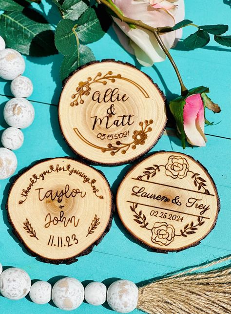 These customized wedding coasters are the perfect wedding souvenir for your guests! The hand-made wedding favors are made of natural pine wood and laser engraved to create a personalized wedding favor. Each one is hand sanded and sealed so your loved ones can remember your special day for years to come. Click to Shop! Glowforge Wedding Favors, Wooden Wedding Favors, Doorgift Ideas, Wood Coaster Wedding Favors Diy, Wooden Wedding Coasters, Wooden Wedding Coasters Favors, Custom Coasters Wedding, Anniversary Party Favors, Wedding Souvenir