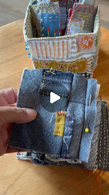 Renee Luitjes on Instagram: "These slow stitched key chains are a joy to make.  #lowlandoriginals #slowstitching #slowstitch #embroidery #recycle #usewhatyouhave" Slow Stitching Textile Art Embroidery, Slow Stitching Tutorial, Slow Stitching Ideas, Jean Quilt Ideas, Embroidered Boxes, Slow Stitching Projects, Jeans Quilt, Paper Dress Art, Recycled Fabric Art