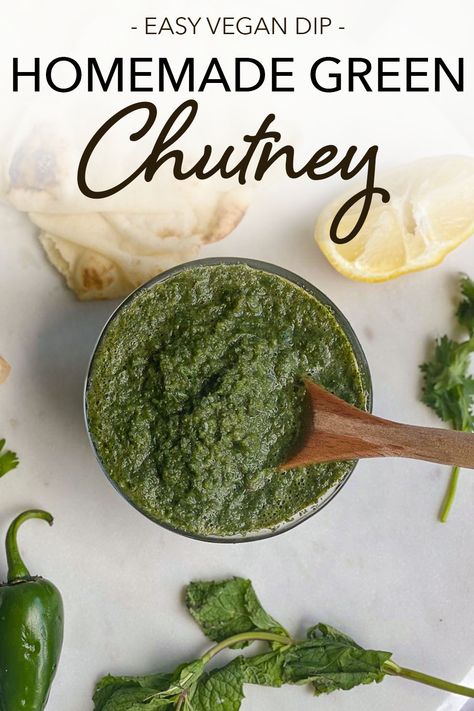 Mint Cilantro Chutney - Veggiecurean Chutney Sandwich, Cilantro Chutney, Mint Chutney, Tamarind Chutney, Vegan Dip, Chutney Recipe, Green Chutney, Savory Appetizer, Raw Vegetables