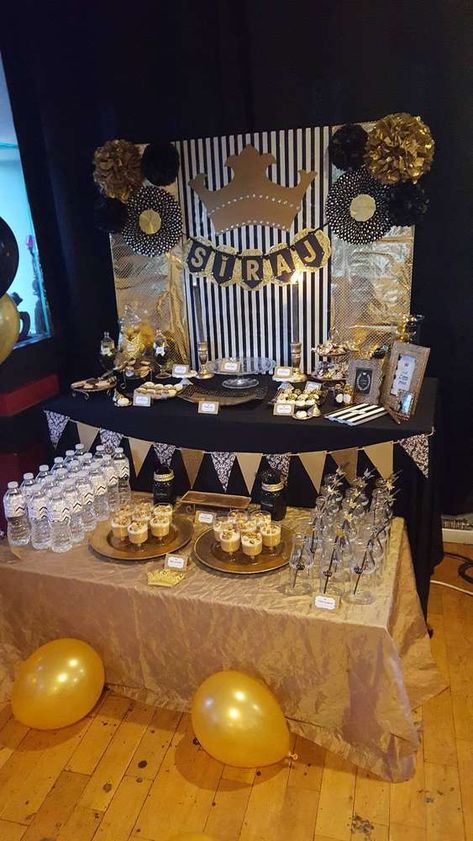 Gold, White and Black Royal Birthday Party | CatchMyParty.com 16 Birthday Party Ideas Black And Gold, Black And Gold Party Ideas, Black And Gold Birthday Party Ideas, Black White And Gold Birthday, 60th Birthday Celebration Ideas, 50th Birthday Party Men, Black And White Birthday Party, 70th Birthday Party Favors, White Birthday Party Ideas