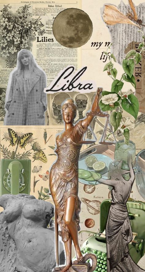 #libra #zodiac #art #vintage #green #moon #fairycore #aesthetic #lightacademia #wallpaper #collage #butterfly Libra + Core + Aesthetic, Libra Zodiac Art, Collage Butterfly, Libra Art, Libra Star Sign, Green Moon, Fairycore Aesthetic, Libra Love, Libra Sign