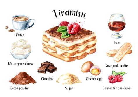 Tiramisu Italian, Homemade Recipe Books, Homemade Cookbook, Culinary Cooking, Recipe Drawing, 귀여운 음식 그림, Food Infographic, Tiramisu Recipe, Watercolor Food