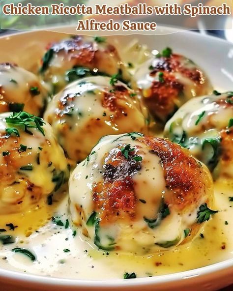 RecipesEpic Family | 🥗 Chicken Ricotta Meatballs with Spinach Alfredo Sauce 🍝 | Facebook Chicken Ricotta Meatballs, Spinach Alfredo Sauce, Meatballs With Spinach, Chicken Ricotta, Ricotta Meatballs, Spinach Alfredo, Chicken Meatballs, Alfredo Sauce, Creamy Chicken