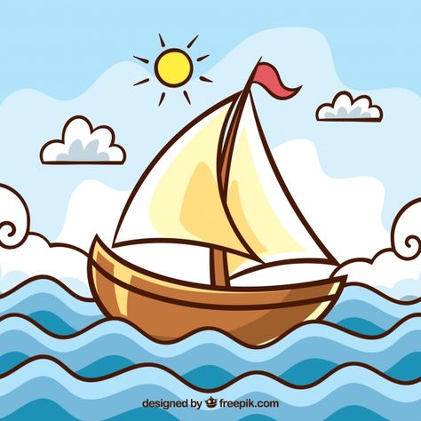 Boat Drawing Simple, Comic Strip Ideas, Cute Landscape, Drawing Pictures For Kids, Animation Tips, Hand Art Kids, Wave Drawing, Art Kits For Kids