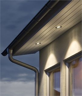 Recessed LED Soffit Light in Anodised Aluminium - IP44 Exterior Pot Lights In Soffit, Soffit Lighting Exterior, Soffit Lighting, Roof Soffits, Wash Walls, Outdoor Recessed Lighting, Lighting Styles, White Exterior Houses, Landscaping Diy