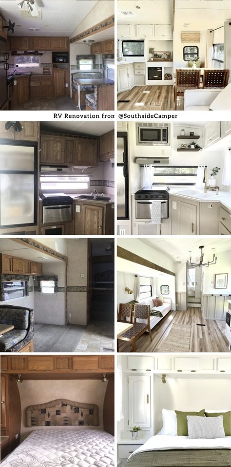 You\'ll want to make this renovated fifth wheel your adventure home (and you can!) Rv Fifth Wheel Makeover, Renovated Fifth Wheel, 5th Wheel Remodel, Fifth Wheel Remodel, 5th Wheel Living, Living Remodel, Destination Trailers, Crocheted Food, Trailer Redo