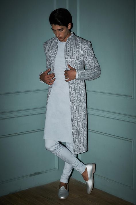 Grey Sherwani, Satin Kurta, Satin Hands, Embroidered Border, Organza Dupatta, Kurta With Pants, Churidar, Aza Fashion, Model Height