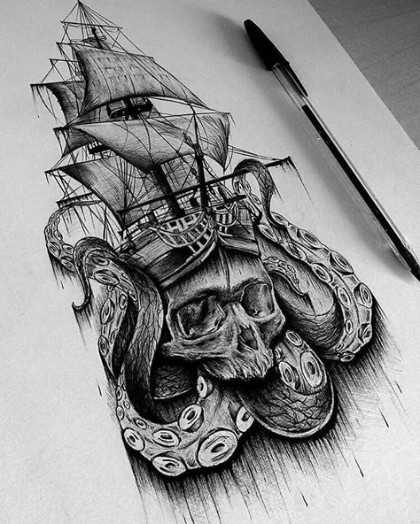 Pirate Ship Tattoos, Nautical Tattoo Sleeve, Pirate Ship Tattoo, Kraken Tattoo, Pirate Tattoo, Octopus Tattoos, Nautical Tattoo, Ship Tattoo, Octopus Tattoo