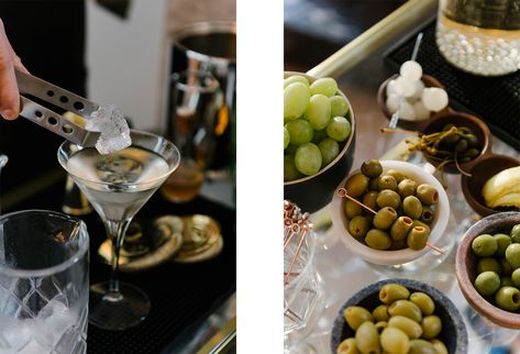 How to Set Up a Holiday Party Martini Bar - Front + Main How To Set Up A Bar For A Party, Martini Bar Set Up, Martini Party Decorations, Martini Bar Party Ideas, Martini Bar Party, Tini Party, Martini Party, Martini Bar, Liquor Bar