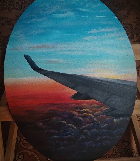 Plane View Painting, Acrylic Painting Airplane, Airplane Painting Easy, Painting Gems, Plane Painting, Painting Of Sky, Airplane Painting, Painted Handbag, Record Painting