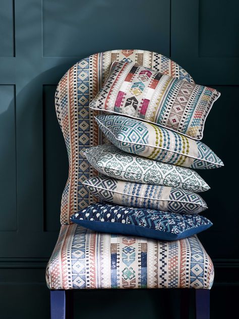 Prints and embroideries from the Vita Collection by Jane Churchill Jane Churchill, Sofa Seats, Rustic Interiors, Breakfast Room, Churchill, Tub Chair, Geometric Patterns, Country Style, Interior And Exterior