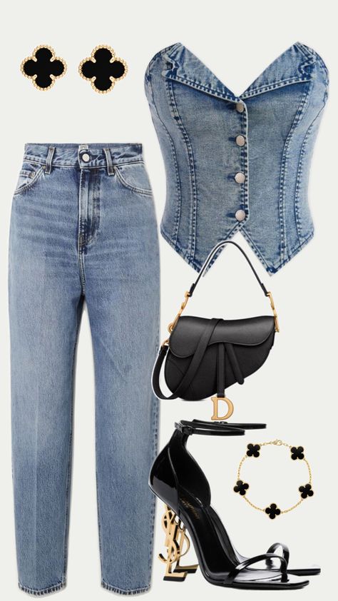 Casual outfit Outfit Fiesta Casual, Edgy Outfit, Outfit Concert, Denim On Denim Looks, Denim Corset Top, Cute Outfits With Jeans, Clueless Outfits, Stylish Work Attire, Denim Corset