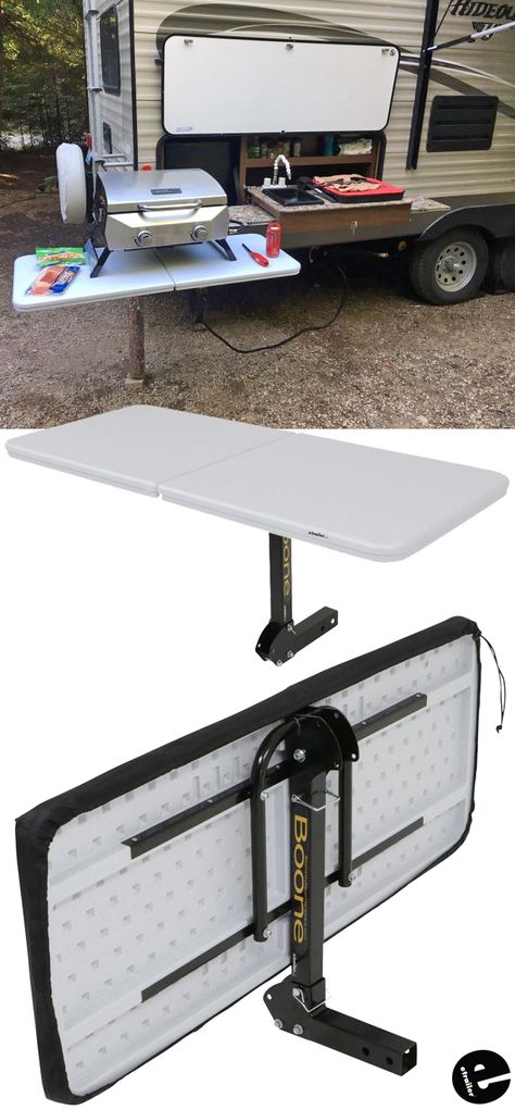 "This table is great for camping! I mounted it to the side of my hideout and expanded my outdoor kitchen. Table is light but very well built. Only thing I wish it had was a fine adjustment for leveling but I have managed to easily level my bbq every time so far." - Aaron Rv Camping Organization, Outdoor Camping Kitchen, Camping Bedarf, Travel Trailer Camping, Camping Kitchen, Camping Organization, Camping Stuff, Camping Mat, Camping Checklist