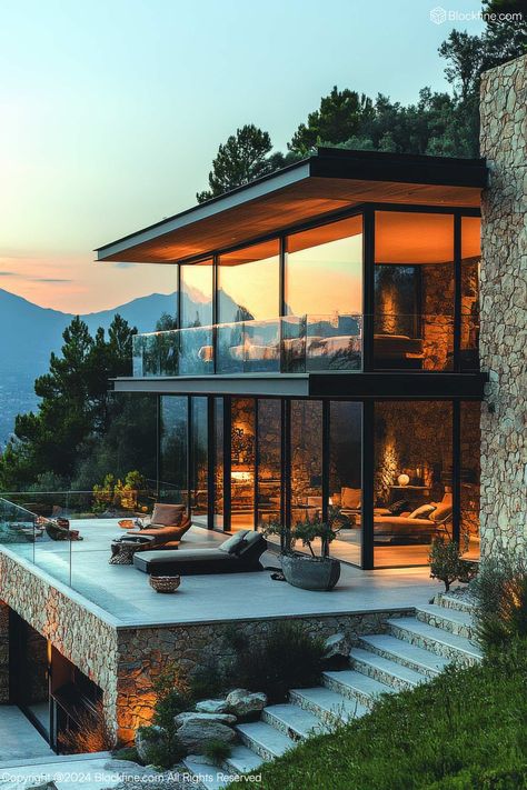 Mountain Prism Style - Hillside Glass Villa Collection | AI Villa Check more at https://blockfine.com/mountain-prism-style-hillside-glass-villa-collection-ai-villa Steep Hillside House, Hillside Homes, Slope House Design, Pool Landscape, Hillside House, Pool Landscape Design, Mountain Home, Apartment Inspiration, Pool Landscaping