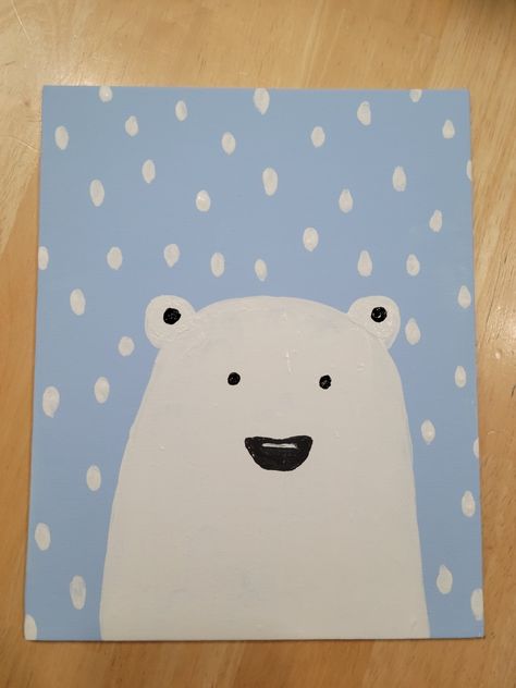 Easy Polar Bear Painting, Winter Preschool Art Projects, Polar Bear Painting For Kids, Simple Winter Art For Kids, Easy Winter Paintings For Kids, Directive Drawing For Kids, Winter Easy Painting, Easy Winter Art For Kids, Winter Paintings Easy