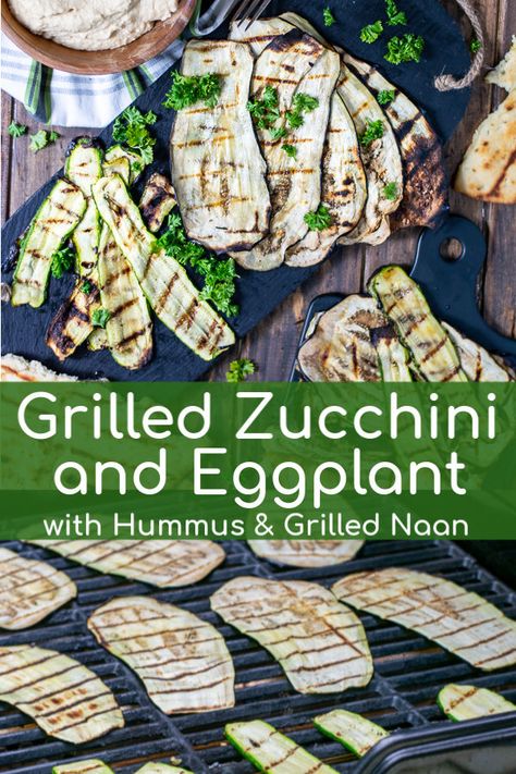 Grilled Zucchini and Eggplant served with hummus and grilled naan bread makes a perfect appetizer or light dinner for a beautiful summer evening. This easy grilled eggplant and zucchini recipe is a great heathy option for the grill that the whole family will love! #eggplant #zucchini #grill #healthy #grilled #vegetarian #summer Grilled Vegetarian, Hummus Flatbread, Zucchini And Eggplant, Wife Recipes, Vegetable Recipes Dinner, Vegetable Recipes For Kids, Meatless Meals Healthy, Healthy Grilled, Eggplant Zucchini