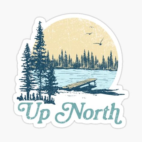 "Vintage Up North Lake" Sticker by GreatLakesLocal | Redbubble Seagulls Flying, Lake Dock, Good Feelings, Vintage Michigan, Lake Art, Vehicle Paint, Up North, White Stickers, Pine Trees