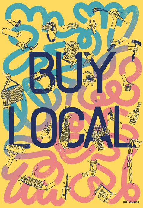 This is a poster in support of the local high street and the many diverse shops which make it what it is. The colourful arms and fluid shapes celebrate the different personalities of small local businesses.

I would like to offer the yellow, blue and pink poster as a free printable A4 PDF to small businesses. If you are interested, please email me at idahenrich@gmail.com.  #supportlocal #smallbusiness #highstreet #illustration #artwork #arms #fun #colourful #poster #posterdesign #trade #drawing Buy Local Illustration, Small Business Poster Design, Shop Local Illustration, Local Market Design, Small Business Illustration, Community Illustration, Attic Lounge, Community Farm, Grocery Ads