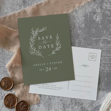 Minimal Leaf | Dark Green Save the Date Invitation Postcard Green Save The Date, Whimsical Minimalist, Minimalist Leaves, Rustic Wedding Save The Dates, Rustic Save The Dates, Date Invitation, Reception Signs, Simple Invitation, Beautiful Wedding Invitations