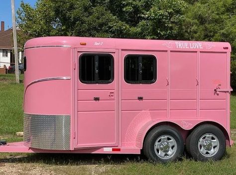 True Love Pink. Two-horse slant load bumper pull trailer. 6' wide x 6.6' tall x 13' long, 2680 lbs. 24" gravel guard, 16'' 10-ply radial tires, drop-down windows head side, two saddle racks, torflex axles, mats, rubber on both walls, spare tire. ➡️ Source: https://www.horseweb.com/trailers/ad-0g47-2022-calico-2-slant-3 Saddle Racks, Horse Trailers For Sale, Business Vision Board, Pink Horse, Two Horses, Pink Life, Horse Trailers, Horse Trailer, Pink Cotton Candy