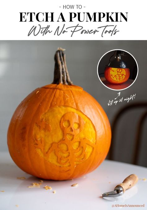 DIY halloween decoration tutorial breaking down how to etch any design on a pumpkin, image shown is of a pumpkin sitting on a table next to a carving tool. Best Pumpkin Carving Tools, Pumpkin Etching, Pumpkin Carving Games, Pumpkin Carving Tools, Pumkin Carving, Amazing Pumpkin Carving, Holiday Hack, Halloween Pumpkins Carvings, T Lights