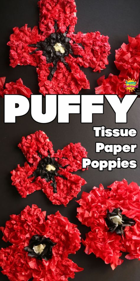 Kids can make puffy poppies by twisting or crumpling tissue paper just like we used to do in art class when we were kids. Great craft for all ages for Remembrance Day, Veterans Day or Anzac Day. #HappyHooligans #Poppy #Craft #Poppies #RemembranceDay #VeteransDay #AnzacDay #TissuePaper #Art #Kids #Toddlers #Preschoolers #ElementaryStudents Tissue Paper Poppy, Poppy Craft For Kids, Remembrance Day Activities, Craft For All Ages, Remembrance Day Art, Poppy Craft, School Age Activities, Remembrance Day Poppy, November Crafts