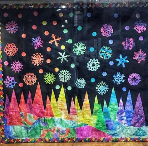 Colorful winter wonderland bulletin board Snow Bulletin Board For Preschool, Bulletin Board Holiday Ideas, Winter Christmas Bulletin Boards, Winter Theme Hallway, Camper Bulletin Board Ideas, Christmas Candy Bulletin Board, Cold Hands Warm Heart Bulletin Board, Winter Tree Bulletin Board Ideas, Winter Village Bulletin Board