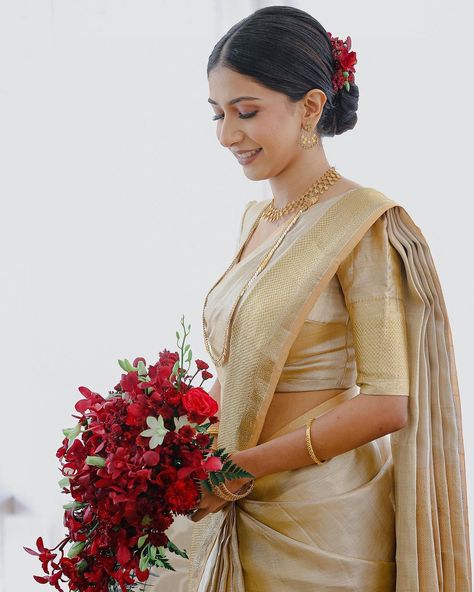 Golden Saree Bride, Kerala Christian Wedding Saree, Christian Wedding Saree, Kerala Christian Bride, Bride Fashion Illustration, Christian Bridal Saree, Christian Bride, Saree Hairstyles, Golden Saree