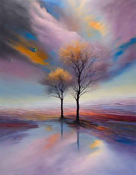 Sonia Lera Preston ~ Fiery Reflections Before the Sunset Begins Sonia Lera Preston Painting, Rainbow Tree Painting, Whimsical Art Paintings, Abstract Art Paintings Acrylics, Hippie Painting, Nature Art Painting, Art Painting Acrylic, Painting Art Projects, Autumn Art