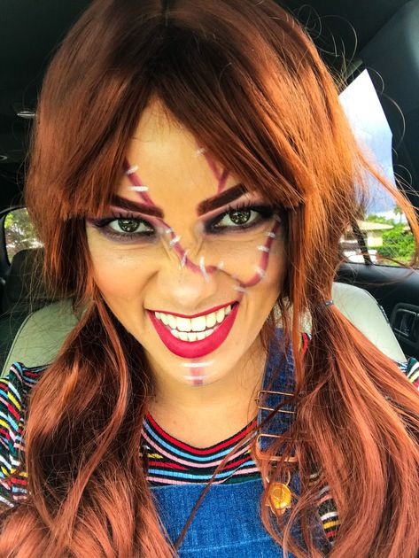 Easy Chucky Makeup, Chucky Female Costume, Girl Chucky Makeup, Diy Chucky Costume Women, Chucky Girl Costume, Chucky Makeup Female, Chucky Costume Female, Female Chucky, Diy Chucky Costume