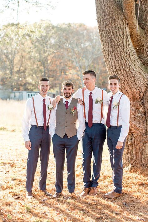 Rustic Suspenders Wedding, Groom Attire Jeans And Boots, Casual Wedding Groom Attire, Groomsmen Suspenders And Tie, Groom With Suspenders, Groom Suspenders Wedding, Groomsmen In Suspenders, Rustic Wedding Outfit, Casual Groomsmen Attire