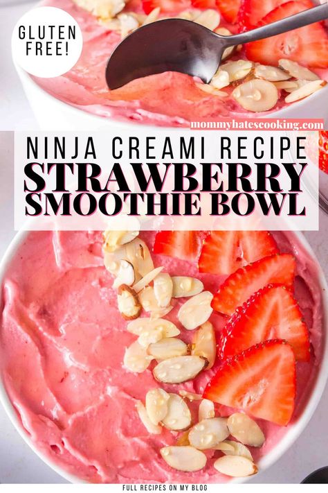 Make a delicious, fresh recipe with this Ninja Creami Strawberry Smoothie Bowl with fresh strawberries and Greek Yogurt! Smoothie Bowl Ninja Creami Recipes, Ninja Creami Healthy Smoothie Bowl, Ninja Cream I Smoothie Bowl, Creami Smoothie Bowl Recipe, Breakfast Ninja Creami, Acai Bowl Ninja Creami, Ninja Cremi Smoothie Bowl, Healthy Ninja Creami Breakfast, Ninja Cream Smoothie Bowl