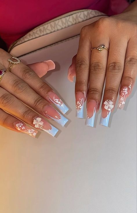 Cancun Nail Ideas Acrylic, Cancun Nails Ideas, Light Blue Hibiscus Nails, Flower Vacation Nails, Hawaiian Flower Nails Acrylic French Tip, Blue Summer Nails Square, Nails For Cancun, Hawaiian Nails Acrylic, Blue Hawaiian Nails