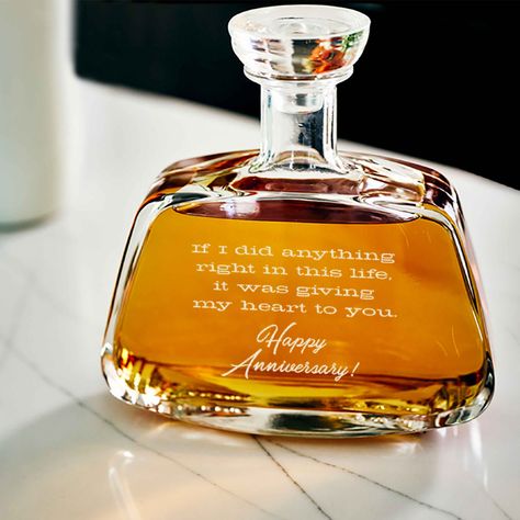 The Perfect Anniversary Gift Sometimes words are the most meaningful gift of all. Permanently engrave yours and immortalize your love with this elegant anniversary decanter. FAQ Will it arrive on time?Always! Decanters are made to order and we ask for 1 week to process plus shipping time. If you need your order by a specific date please send us an email and we will do everything in our power to make it happen. Will it break when shipped?I've seen YouTube videos of the delivery guy throwing boxes Expensive Gift Ideas, Alcohol Gifts For Men, Delivery Guy, Liquor Gifts, Etched Glassware, Diy Anniversary, The Ray, Wooden Cards, Black Gift Boxes