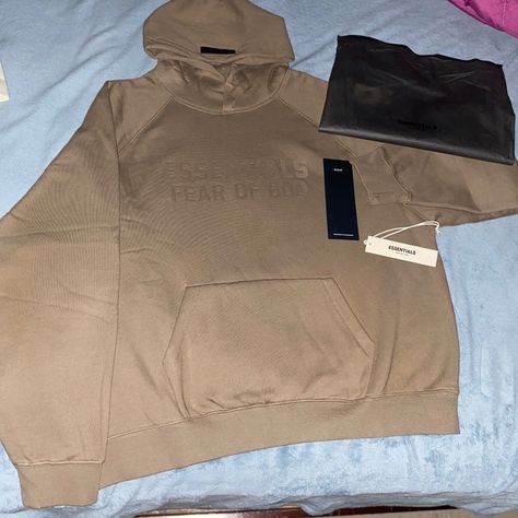 NEW Essentials Wood Brown Hoodie Brown Sweatshirt With Adjustable Hood For Streetwear, Essentials Hoodie Brown, Brown Cotton Hoodie For Streetwear, Brown Drawstring Hood Sweatshirt For Streetwear, Urban Brown Long Sleeve Hoodie, Essentials Hoodie, Brown Hoodie, Fear Of God Essentials, Fear Of God