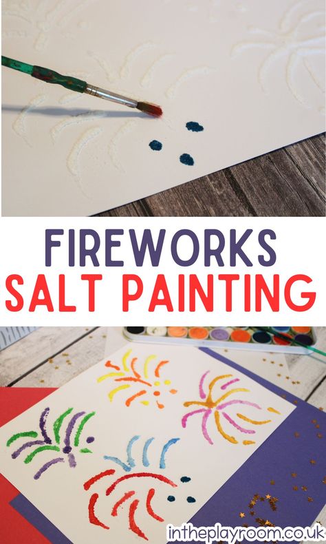 Salt Painting Art Fireworks - In The Playroom Salt Painting For Kids, Summer Art Activities, Art Activity For Kids, Memorial Day Activities, Fourth Of July Crafts For Kids, Creative Art Activities, Fireworks Craft, Salt Painting, Holiday Activities For Kids