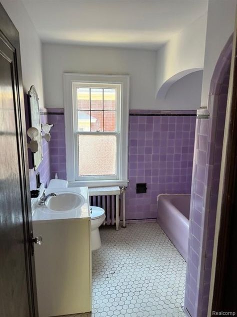 Lavender Tile Bathroom, Lavender Tile, Moody Victorian, Lavender Bathroom, Purple Bathroom, Tiled Bathroom, Purple Tile, Tudor Revival, Purple Bathrooms