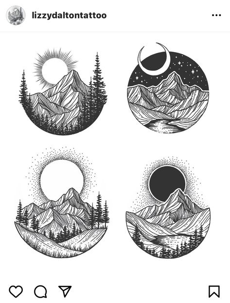 Circle Scene Tattoo, Circular Mountain Tattoo, Round Mountain Tattoo, Mountain Tattoo Circle, Peacock Tattoo Sleeve, Tattoo Partner, Circular Tattoo Designs, Circle Tattoo Design, Outdoor Tattoo