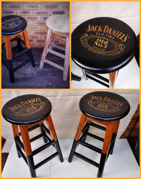 Jack Daniels Bar Ideas, Jack Daniels Kitchen Theme, Jack Daniels Crafts, Jack Daniels Furniture, Harley Davidson Diy Projects, Jack Daniels Bar, Man Cave Bar Stools, Jack Daniels Decor, Diy Home Bar