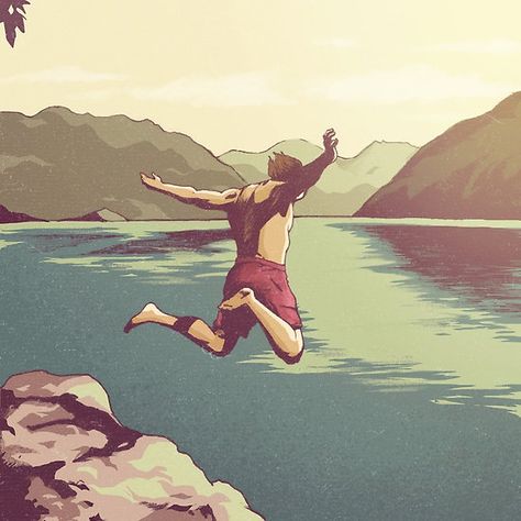 Cliff jumping Someone Jumping Off A Cliff, Bungee Jumping Tattoo, Jumping Off Cliff Drawing, Jump Tattoo, Cliff Tattoo, Cliff Drawing, Cliffs Tattoo, Jumping Illustration, Summer Scenery