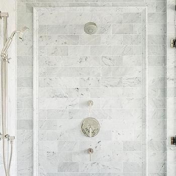 Interior design inspiration photos by Tracy Lynn Studio - Page 1 White Marble Shower, Marble Shower Walls, Gray Shower Tile, Marble Shower Tile, Grey Mosaic Tiles, Subway Tile Showers, Frameless Glass Doors, Glass Shower Doors Frameless, Marble Showers