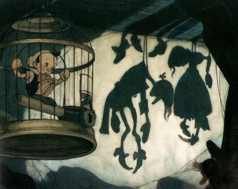 Visual Development from Pinocchio by Gustaf Tenggren Shadow Monster, Old Disney, Cartoon Background, Visual Development, Pinocchio, Coraline, Disney Animation, Book Illustration, On The Side