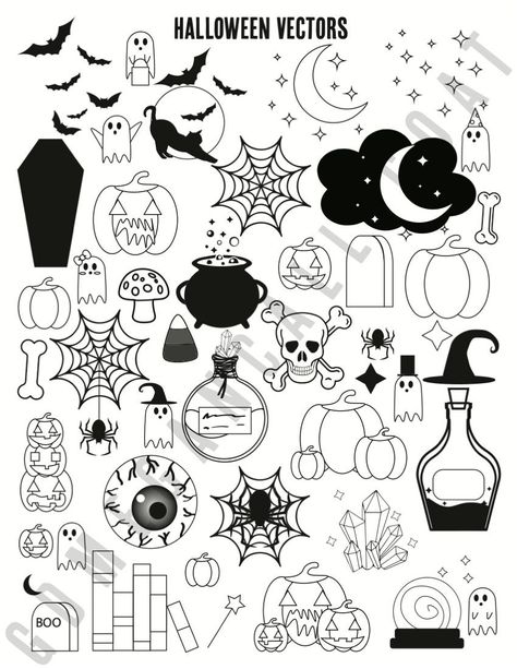 A variety of different vector images were created for Halloween. This includes pumpkins, ghosts, and many other Halloween-related creatures. Halloween Drawings On White Board, Halloween White Board Drawings, Cute Doodles Black And White, Spooky Easy Drawings, Simple Spooky Drawings, Little Halloween Doodles, Halloween Art Simple, Halloween Doodle Ideas, Halloween Drawings Simple