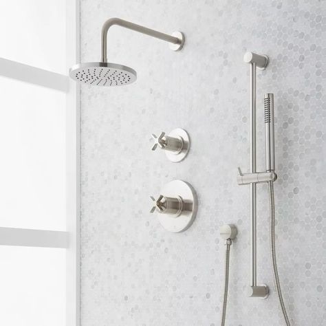 Signature Hardware PRESSURE BALANCE SHOWER SYSTEM WITH SLIDE BAR AND HAND SHOWER BRUSHED NICKEL | Ferguson Silver Shower Head, Handheld Shower Head With Slide Bar, Brushed Nickel Shower Fixtures, Silver Bathroom Fixtures, Brushed Nickel Bathroom Fixtures, Nickel Bathroom Fixtures, Shower System With Handheld, Shower Hardware, Kohler Shower