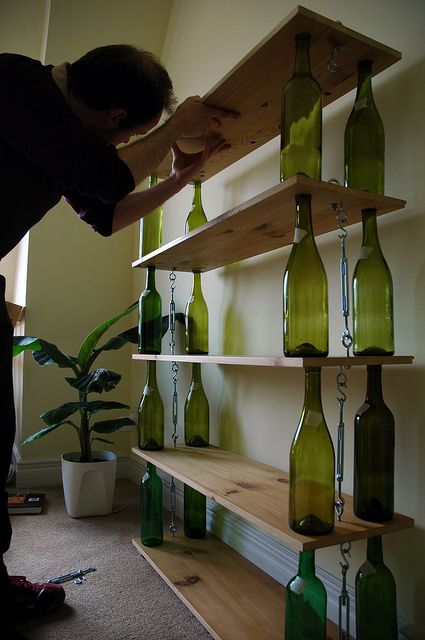 Tengreen Ferguson shelves | wine glass book shelf Glass Bottle Ideas, Wine Bottle Shelf, Empty Wine Bottles, Bottle Ideas, Recycled Glass Bottles, Decor Ikea, Wine Bottle Art, Decor Stickers, Wine Decor