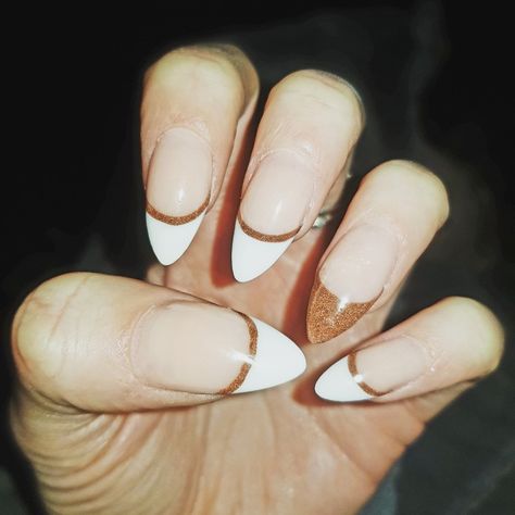 Copper and white French stiletto acrylic nails Copper And White Nails, White And Copper Nails, French Stiletto, Stiletto Acrylic Nails, Copper Nails, White French, White Nails, Nail Inspo, Hair And Nails