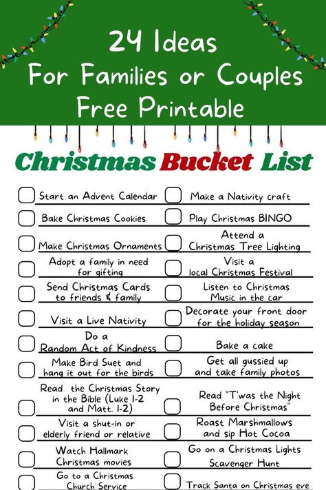 a checklist of Christmas activities to print Christmas Songs List, Bucket List For Families, Fun Christmas Party Ideas, Christmas To Do List, Christmas Getaways, Send Christmas Cards, Christmas Bucket List, Christmas Bingo, Christmas Bucket